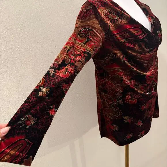Vintage Coldwater Creek Burgundy Burnout Velvet Floral Top M Y2K Whimsigoth - Picture 5 of 9
